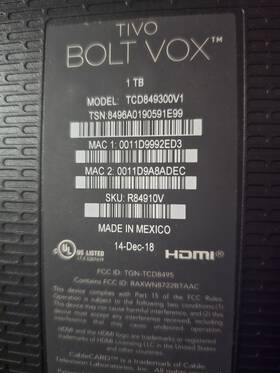 Tivo Tcd849300v1 Bolt Vox For Cable 1tb 6-tuners